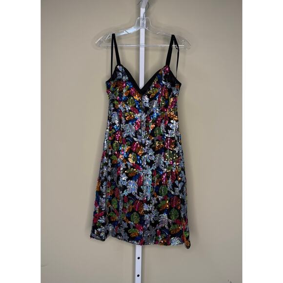 Mac Duggal NWT Sequined Floral Detail Mini Dress in Black Multi Size 8 - Picture 4 of 8